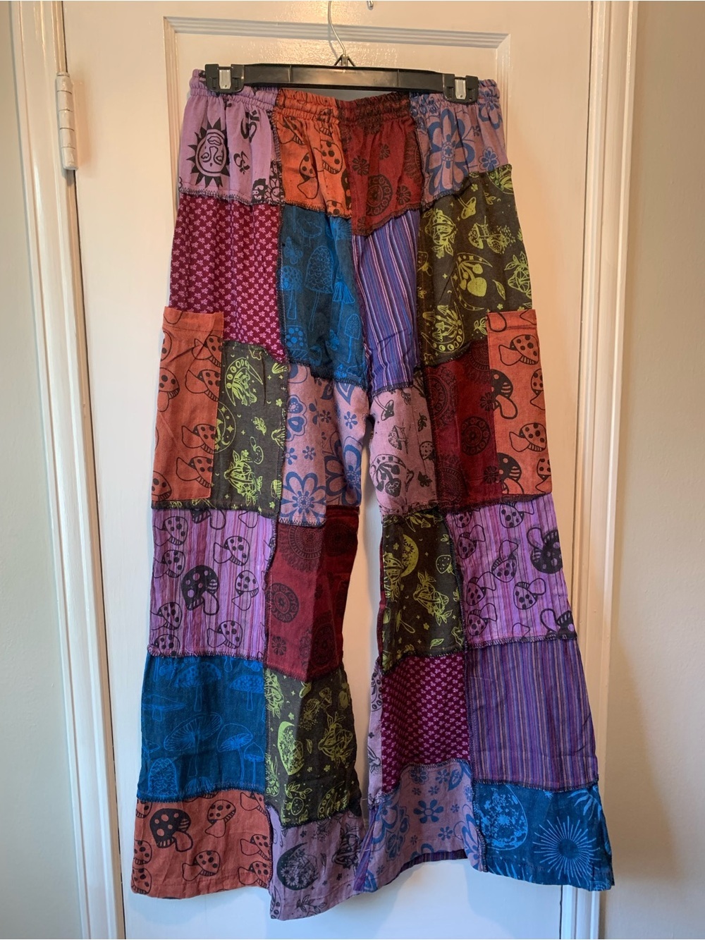 NWT Colorful Patchwork Bohemian Pants with Mushroom Celestial Print Wide Leg OS